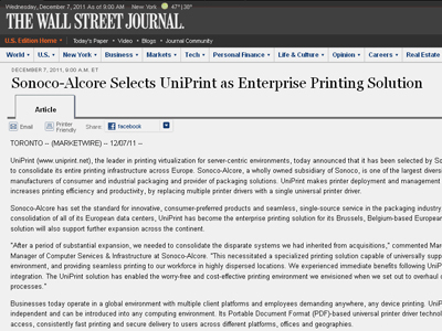 Sonoco-Alcore Selects UniPrint as Enterprise Printing Solution